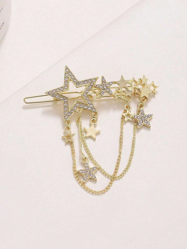Reriti V Shaped Multi Star Tassel & Pearl Hair Clip - Gold
