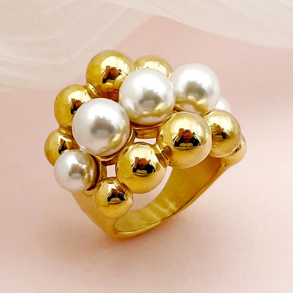 Reriti Multilayer Faux Pearl Orbit Ring - Gold